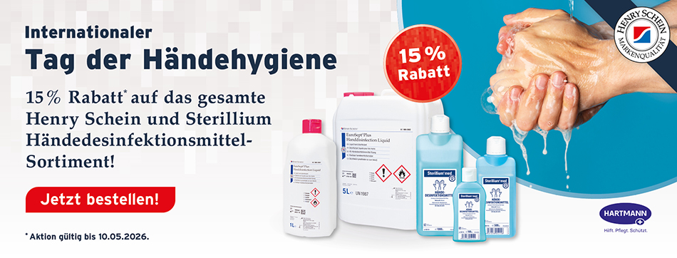 Internationaler Tag der Haendehygiene - 15 % Rabatt auf das gesamte Henry Schein und Sterillium Haendedesinfektionsmittel-Sortiment
